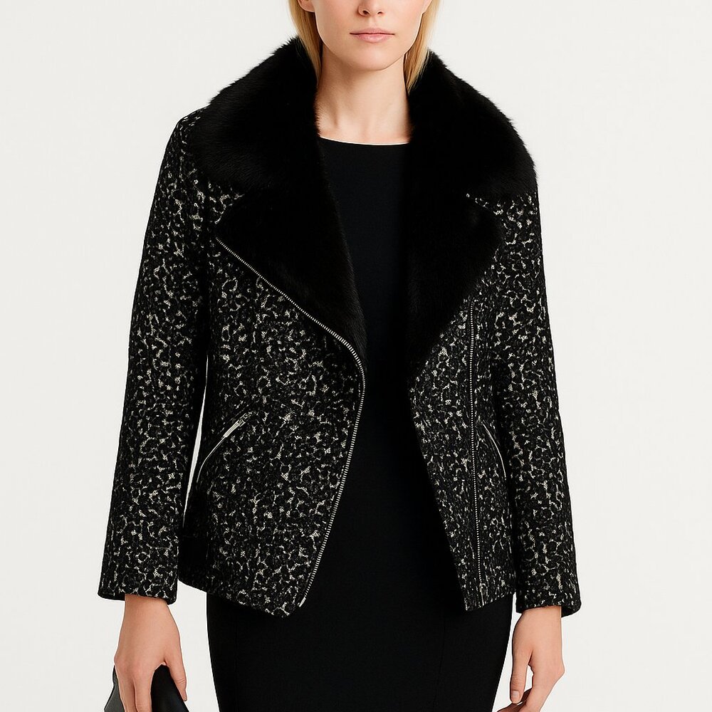 Karen Millen JB040 Coat Women’s 4 Black White Moto Faux Fur Collar Winter Chic‎